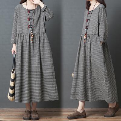 Autumn Korean Style Literary Loose Plaid Mid Length Skirt Buckle Long Sleeved Dress
