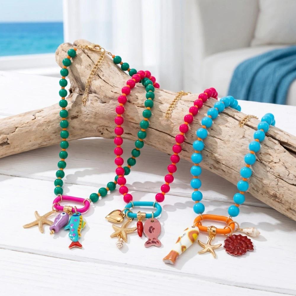 Sea Series Starfish Charms Necklace Ornaments Colorful Bohemian Resin Beaded Necklace Adjustable Beach Beaded Necklace