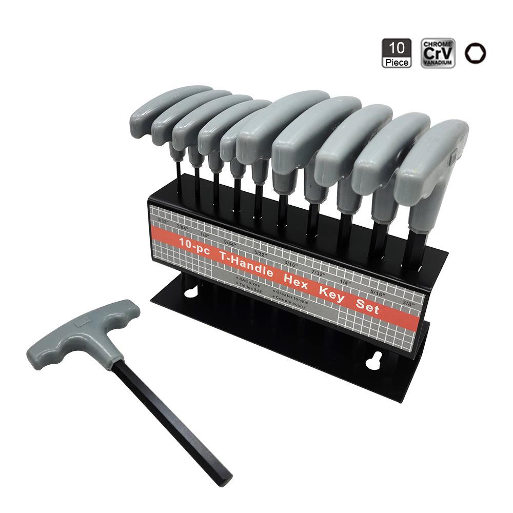 10-Piece Blackened T-Handle Hex & Torx Set with Iron Rack - Metric H2-H10, Imperial 3/32-3/8, Torx T7-T40