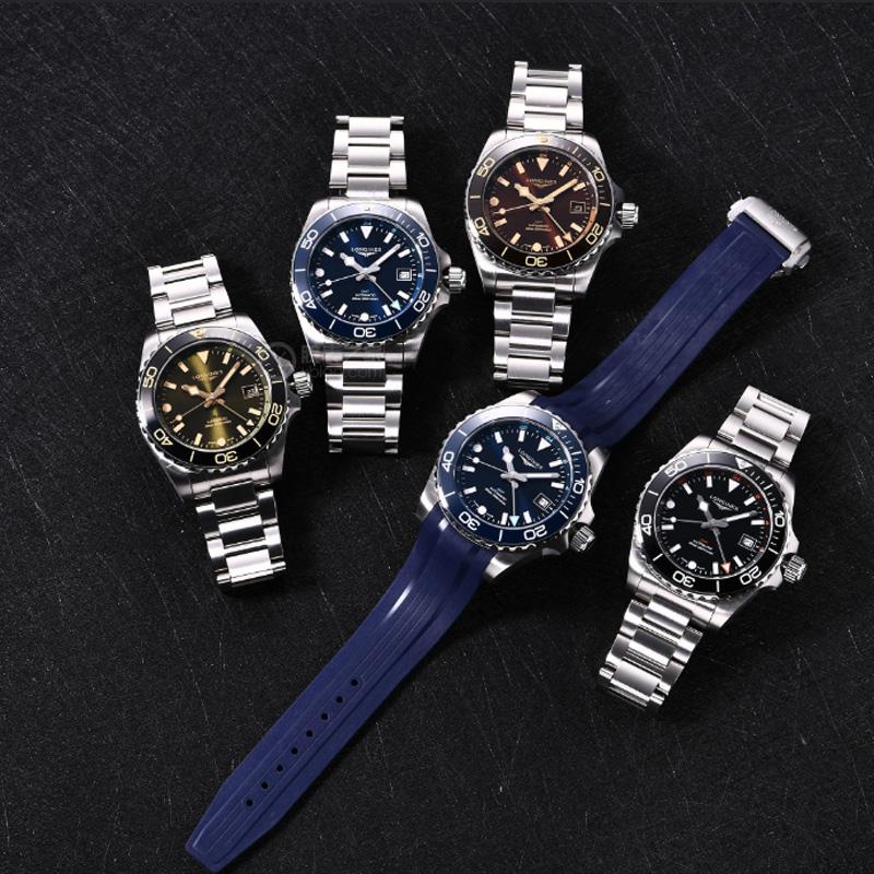 Longines HYDROCONQUEST Concas Taucheruhrenserie GMT Automatik Mechanisches Uhrwerk 300 Uhr 43mm Blaues Zifferblatt Edelstahlgehäuse Kautschukarmband L3.890.4.96.9