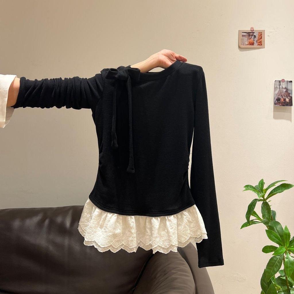 Plus Size German Velvet Lace Patchwork Long Sleeve Slim Fit T-shirt - Autumn/Winter Fashion Women's Top