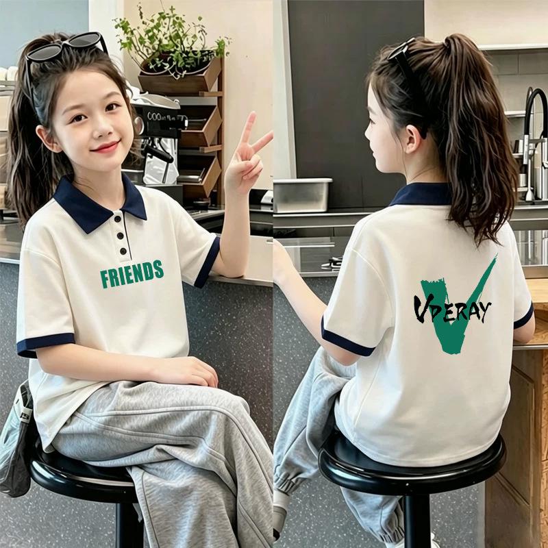 Korean Style Girls' 2026 Summer Cotton Polo Shirt: Color Blocked Lapel Short Sleeve T-shirt for Medium and Large Children