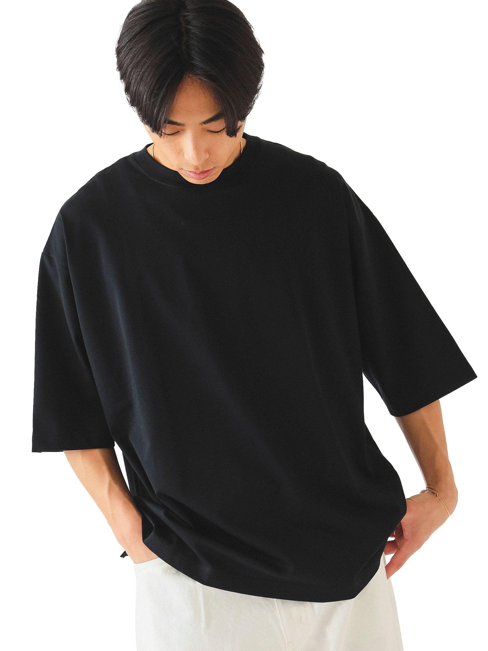 

Beams Men s S/S TEE Loose Mercerized T-Shirt, Black, Size Small, 11041318803