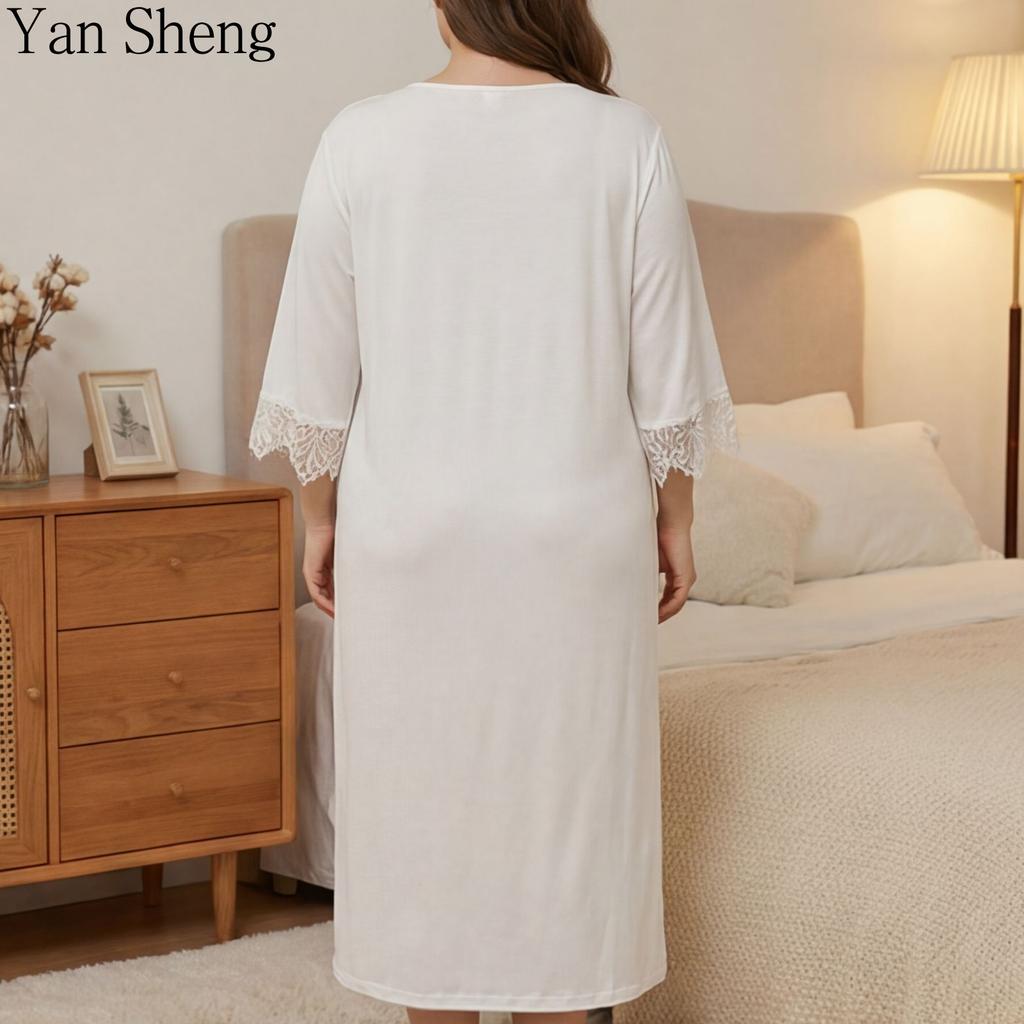 Plus Size Solid Color Lace Half Sleeve Nightgown Loose Home Dress Sexy Simple Women Pajamas for Spring Summer