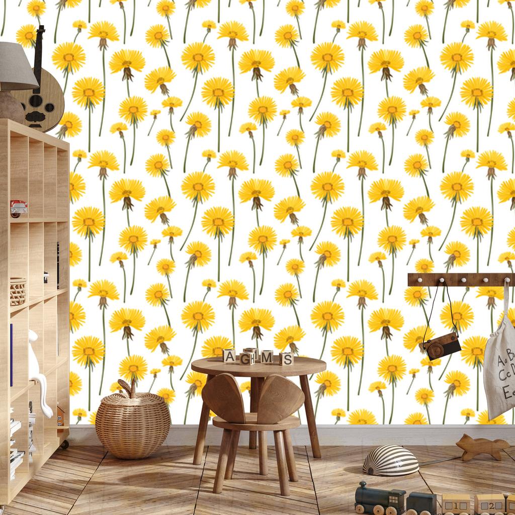 Dandelion Wallpaper White and Yellow for Living Room and Bedroom 50x1000