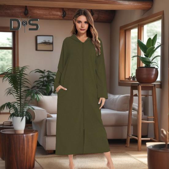 Nachthemd mit Reißverschluss für Damen, lange Ärmel, lockere, reine Farbe, mit Taschen, wadenlange Loungewear mit Kapuze, für den Alltag, für zu Hause, im Schlafzimmer