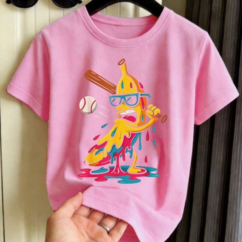 Boys Colorful Banana Baseball Print Crewneck Short Sleeve Tee,