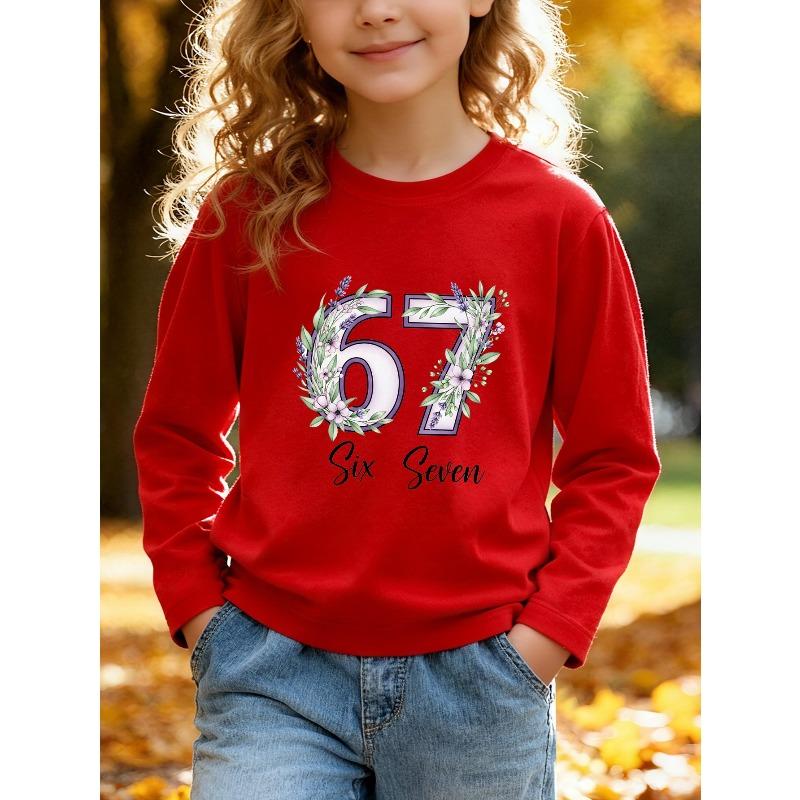 Kids Unisex Pink Crewneck Sweatshirt, Lavender Floral Wreath 66 Six Seven Print Long Sleeve Pullover, Soft Fleece Sweatshirts for Boys Girls Ages 4+