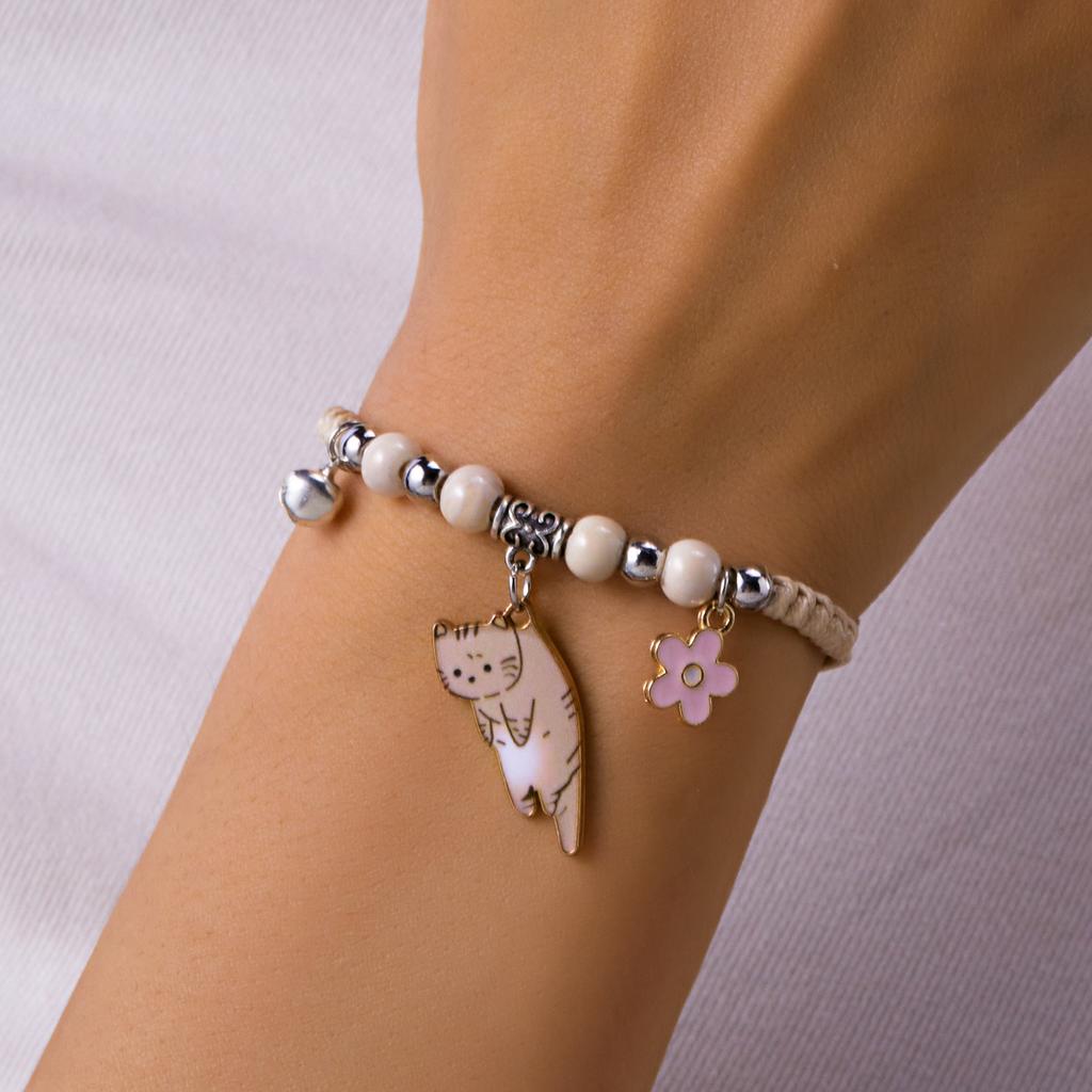 Braccialetto Portafortuna Vintage Fatto a Mano per Donne Ragazze Carino Gatto Fiore Ciondolo Corda Regolabile Bracciale Gioielli Amicizia Regalo