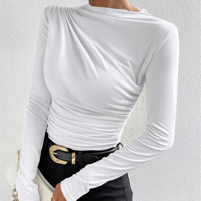 Ladies Spring Autumn Long Sleeve O Neck Solid Color Pleated Bodycon Pullover Casual T Shirt Top