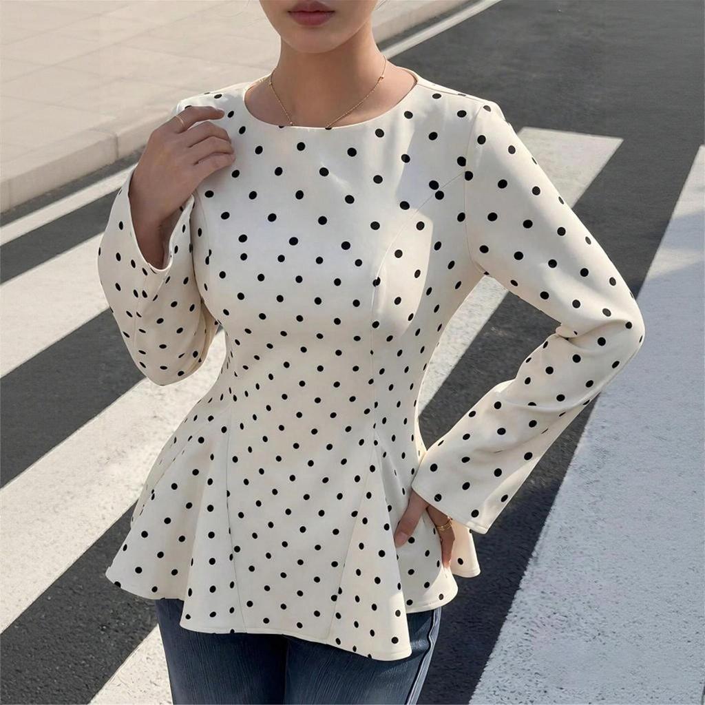 Women's Fashion Slim Fit Polka Dot Round Neck Pleated Waist Zip-Up Woven Long Sleeve Top