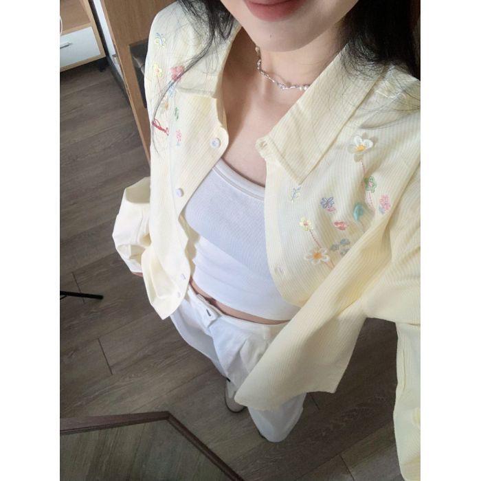 

Women s Embroidered Pattern Long Sleeve Shirt - Korean & Japanese Style, Sweet & Loose Fit for Spring to Autumn, Offers Summer Sun Protection 2XL жёлтый