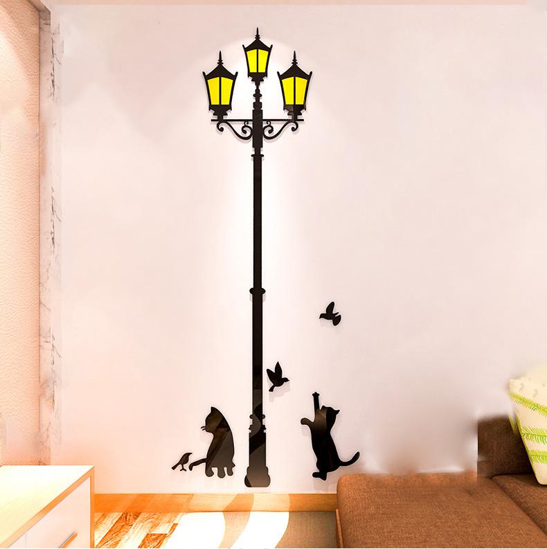 Creative Street Lamp Acrylic 3D Animal Wall Stickers, Cute Cat, Children's Room Wall Decoration, Livingroom, Bedroom, Home Decor