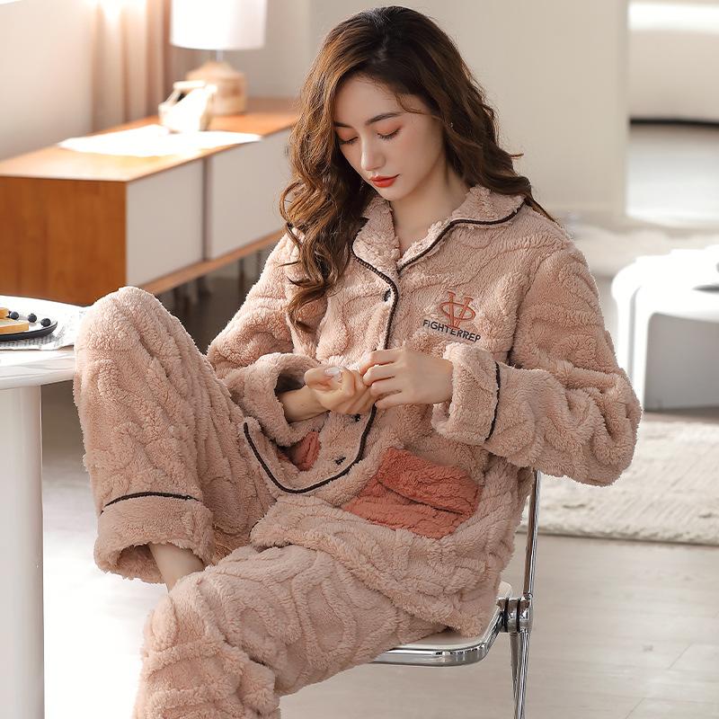 Pajamas Women'S Winter Coral Fleece Fleece Thickened Can Be Worn Outside Loungewear Autumn And Winter Flannel Winter Warm Suit