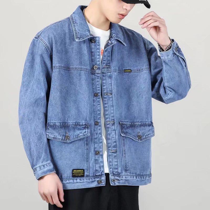 Spring Autumn Fashion Men's Casual Trendy Multi Pocket Solid Color Denim Jacket Coat Loose Jean Jacket Male Tops