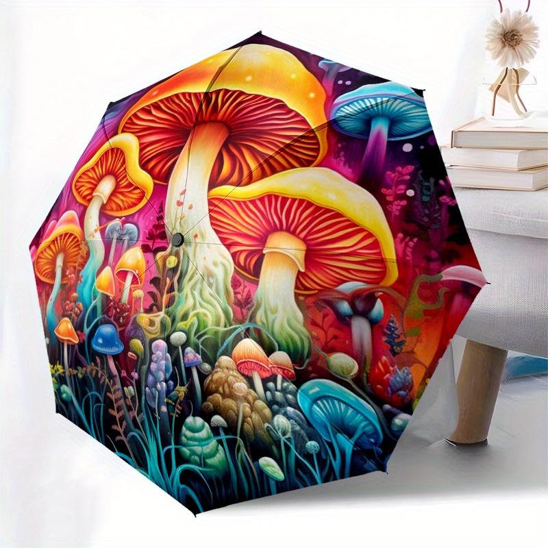 Colorful Mushroom Forest Wall Decal, Fantasy Nature Sticker for Kids Room Decor Umbrella, Cute Umbrella with Cute Design, Portable 3-Fold Compact Umbr