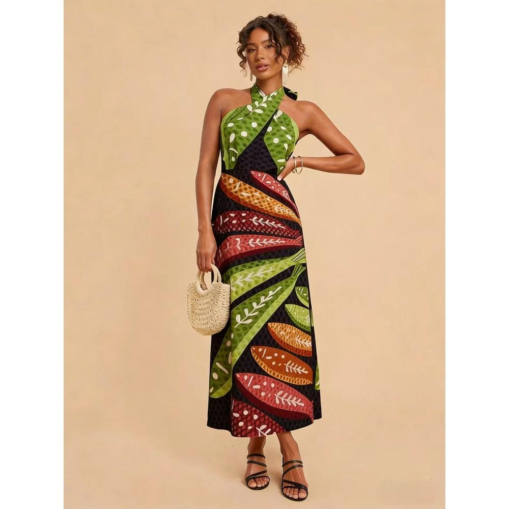 

European and American Summer Models Positioning Printing Burning Cross Backless Versatile Dress D06 S зелёный