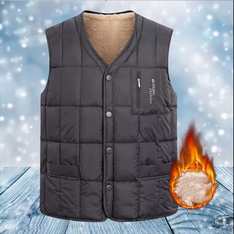 Men's Fall and Winter Slim Simple Warm Vest Middle-aged and Elderly Buttons Multi-pocket Round Hem Coat