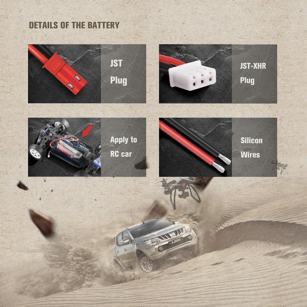 LiPo baterie 2S 7,4V 450mAh 50C s JST konektorem – Vysoký výkon pro RC modely – Měkké pouzdro, silikonový kabel