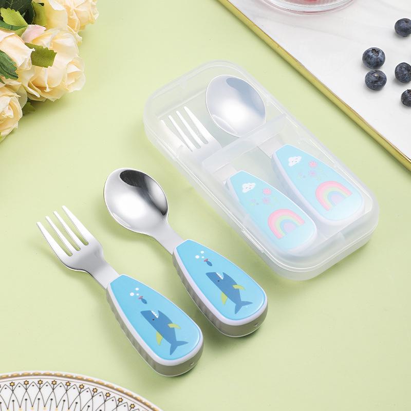 304 Stainless Steel Kids' Cartoon Cutlery Set - Short Handle Spoon & Fork for Baby Training