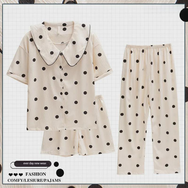 Dopamin Pembesi Çizgili Yazlık Pamuk Krep Pijama Takımı - Kadın Kısa Kollu Üç Parça