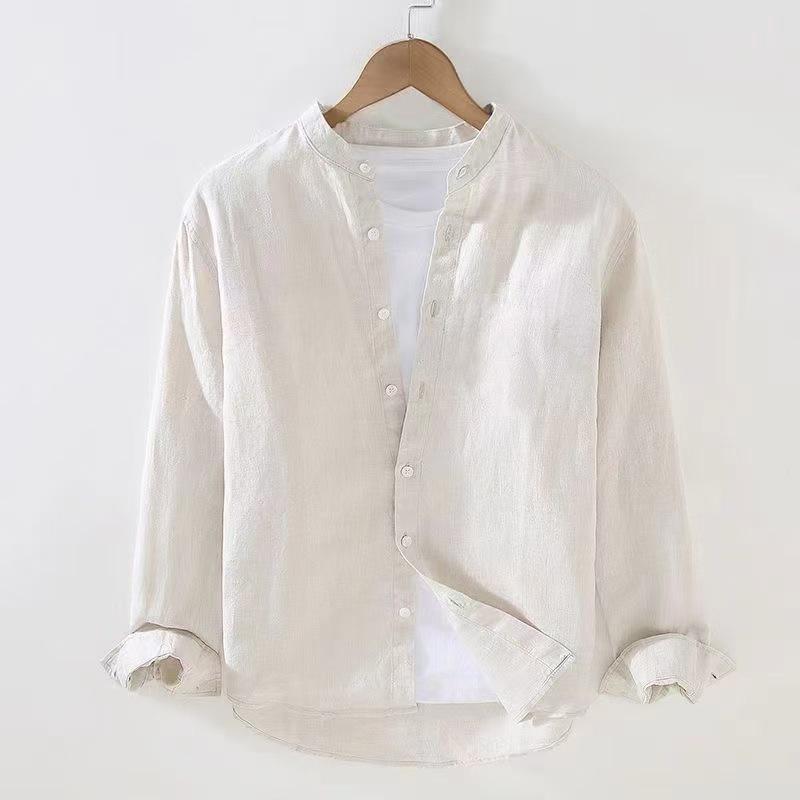 Men's Cotton and Linen Shirt Men's Long-sleeved Spring and Autumn Versatile Chinese Style Men's Stand-up Collar Shirt Jacket