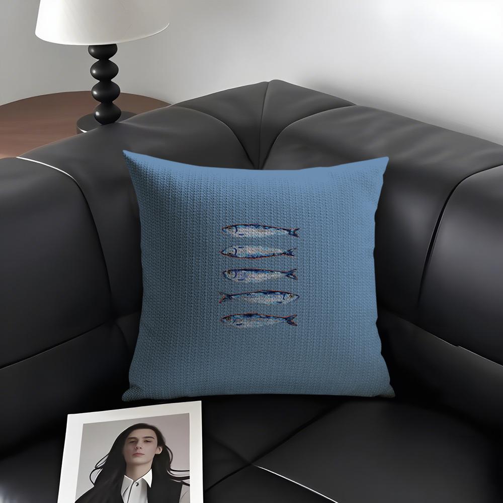 Cute Coastal Charm Sardine Cushion Cover Natural Linen Organic Fabric DoubleSided Printing Sofa Home Decor Gift Pillow Case