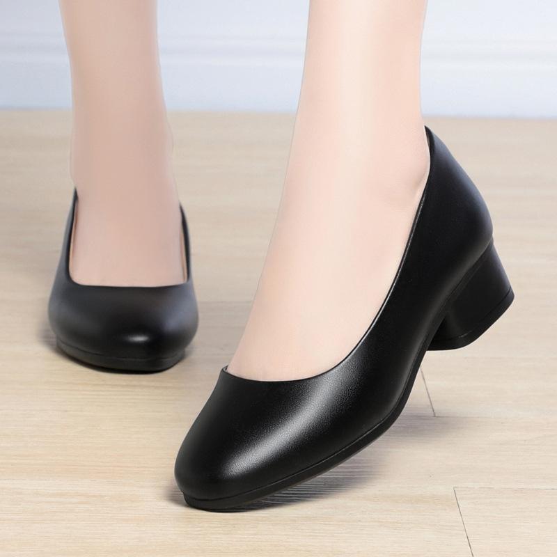 

Single shoes women s soft leather round head thick heel medium heel professional women s shoes black work comfortable women s soft sole shoes 35