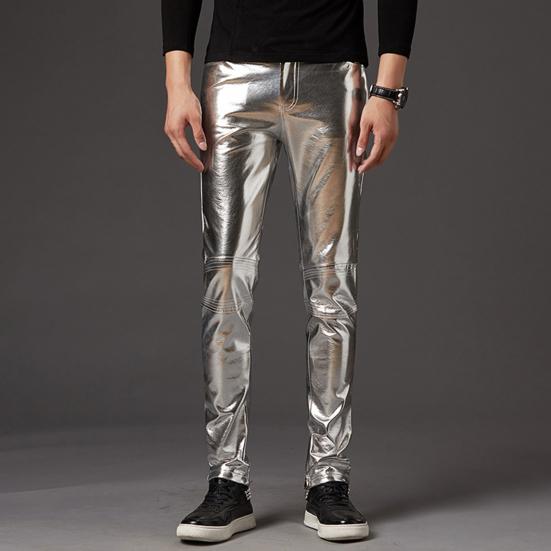 Herren Bleistifthosen Helle Oberfläche Einfarbige Reißverschlussleiste Mittlere Taille Hosen Kunstleder Schmal Geschnitten Motorradhosen Streetwear