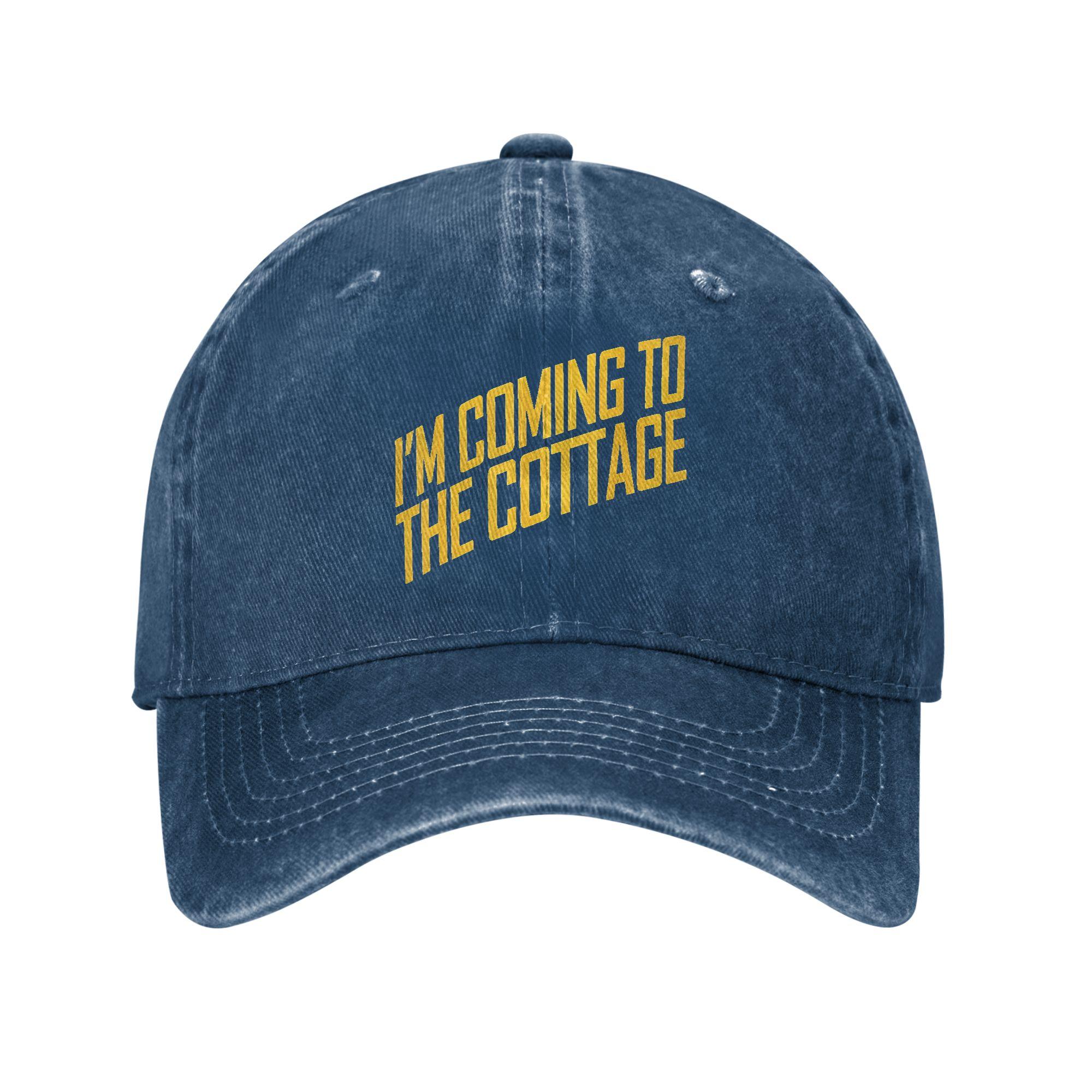 

Im Coming To The Cottage Cozy Escape Typography Sun Baseball Cap Heated Rivalry Men Washed Trucker Hat Sunscreen Baseball Caps One Size темно-синього кольору