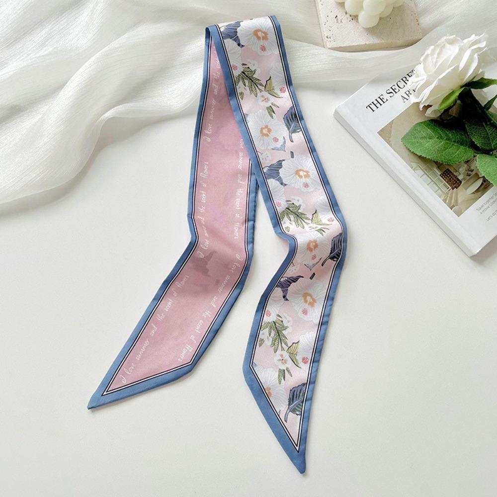 Summer Floral Silk Satin Scarf Long Narrow Thin Tied Hairband Neckerchief Bag Decoration Vacation Headscarf