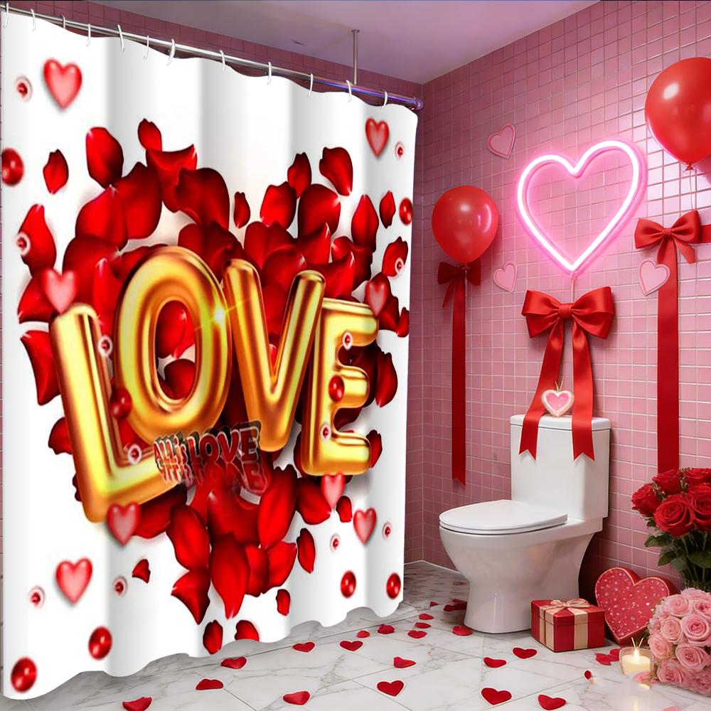 Cortina de ducha Corazón de Amor Rosa para el Día de San Valentín, cortina impermeable para ducha de baño con 12 ganchos, decoración del hogar con forma de pez