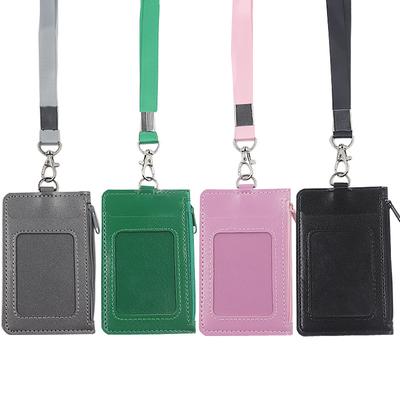 Pu Leather Zipper ID Card Holder Wallet with Neck Lanyard -Multi-Slot Badge Reel for Employee Staff Coin Money Card Purse Bag
