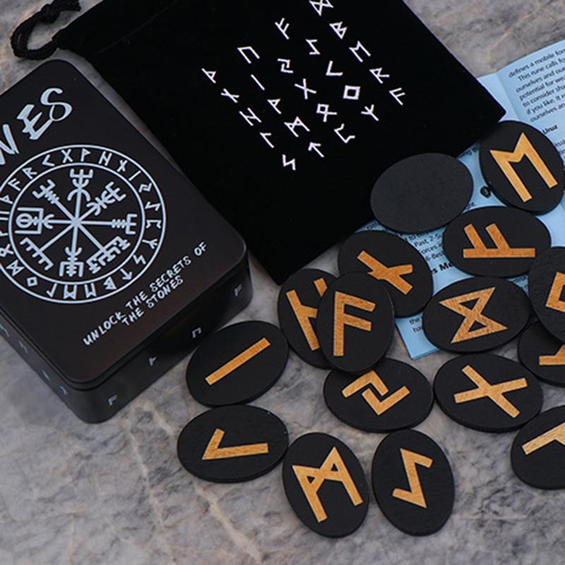Witches Runes Set Altar Divination Tools with Manual and Storage Bag 25Pcs Wood Runes Altar Runes for Beginners Board Game