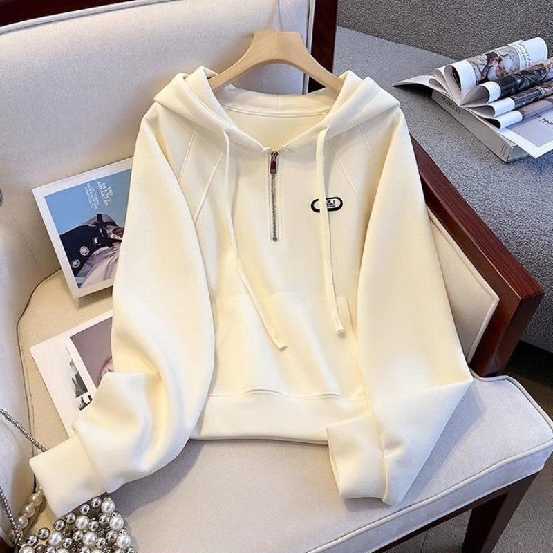 European Half-zip Hooded Embroidered Sweatshirt for Women Autumn and Winter Fashion Loose Casual Pocket Long-sleeved Top