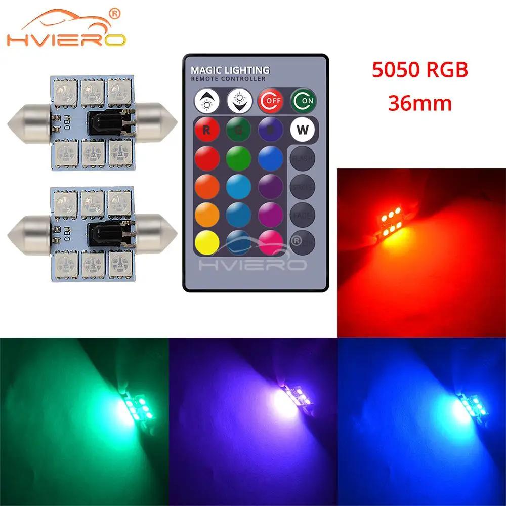 2Pcs RGB 6SMD Roof Dome interior Reading Lamp C5w Car Remote Controlled Atmosphere Led Welcome Lights Turn Signal Trunk Bulb 12V