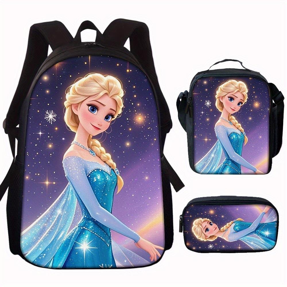 Zaino Scolastico Principessa Set da 3 Pezzi Grande Capacità Impermeabile Borsa a Spalla Astuccio Borsa a Tracolla per Bambini