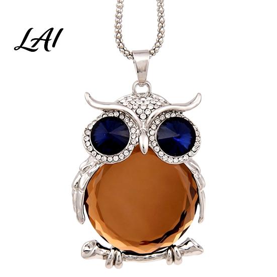 Gift for Mom And Friends Faux Crystal Owl Pendant Necklace Women Long Blue Sweater Chain Fashion Alloy Jewelry Accessory Daily Wear & Decoration