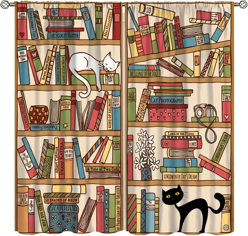 Gothic Bookshelf Curtain Antique Bookcase Spooky Skull Magic Book Halloween Themed Decor Window Kids Teens Adults Curtains Made Of Polyester