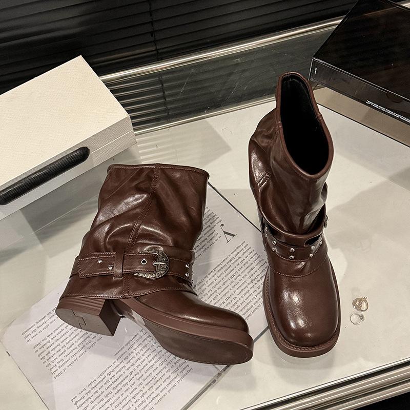 Belt buckle locomotive boots trouser tube short boots women's autumn and winter new thick heel medium tube rivet knight boots Martin boots