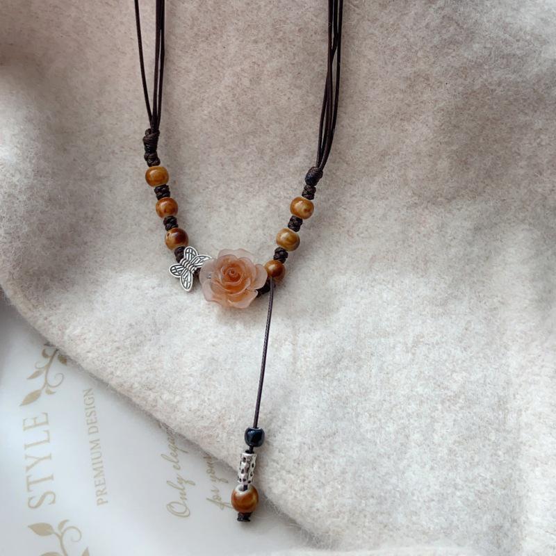 Luxury Chinese Antique-Style Camellia and Butterfly Ceramic Beaded Tassel Necklace