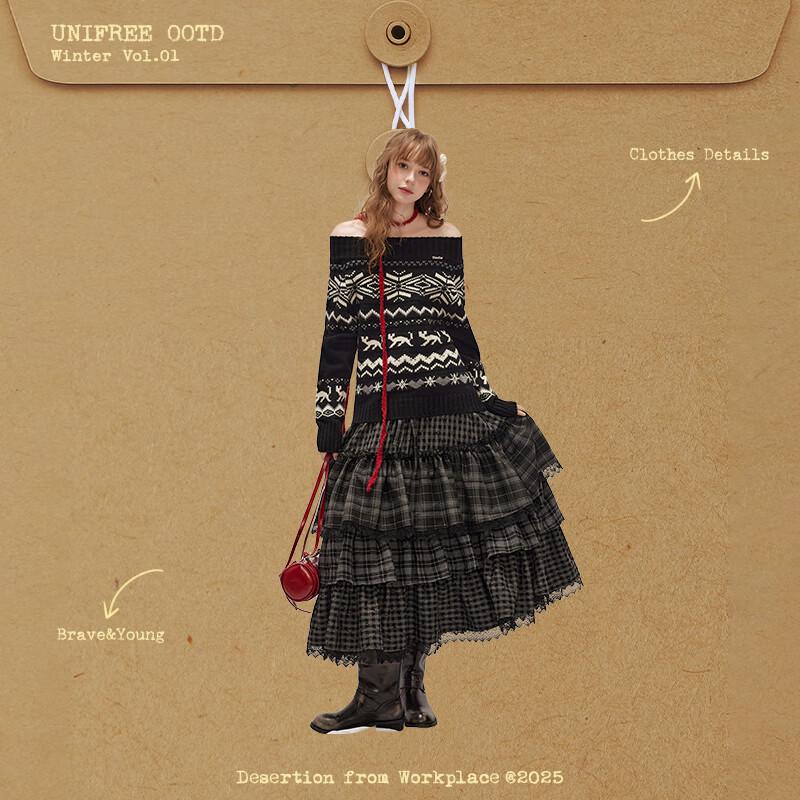 UNIFREE Fair Isle Off-Shoulder Loose Fit Sweater