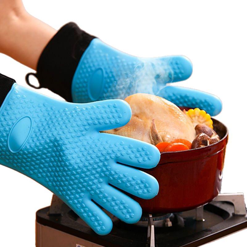 Hitzebeständige Anti-Verbrühungs-Ofenhandschuhe - Baumwollgepolstert, Silikon, Verlängertes Fünf-Finger-Design für den Küchengebrauch