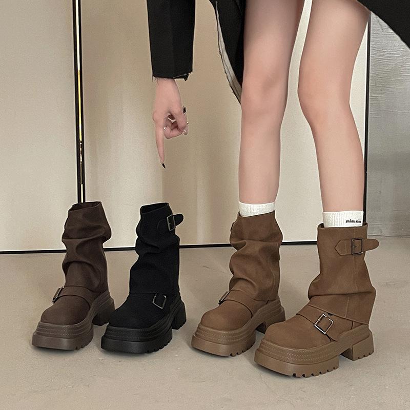 Vintage British style belt buckle thick-soled Martin boots women's 2025 autumn and winter new thin pile short boots fashion boots