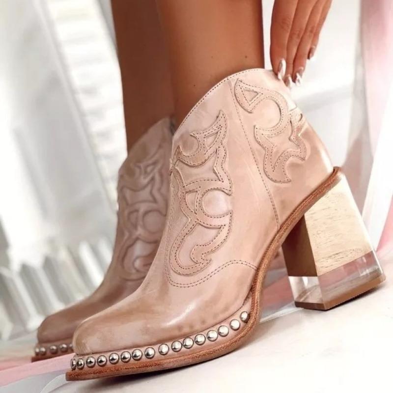 Modische Stiefel mit Stickerei, Große Größe, Damen-Knöchelhohe Stiefel mit Nietenrand und Acryl-Kristall-Akzenten