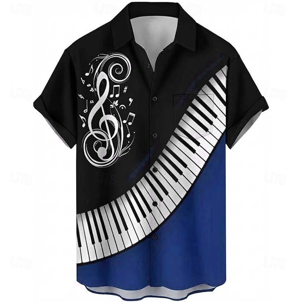 Men's Piano Key Shirt 3D Musical Notes Print Short Sleeve Button Down Summer Music Festival Oversized Tops