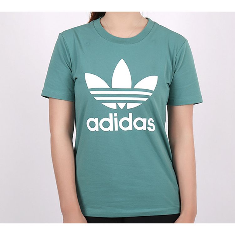 Adidas Originals Trefoil Logo Crew Neck Pullover Solid Color Sports Printed Short Sleeve T-Shirt Women Tops Future-Water-Green FM3300