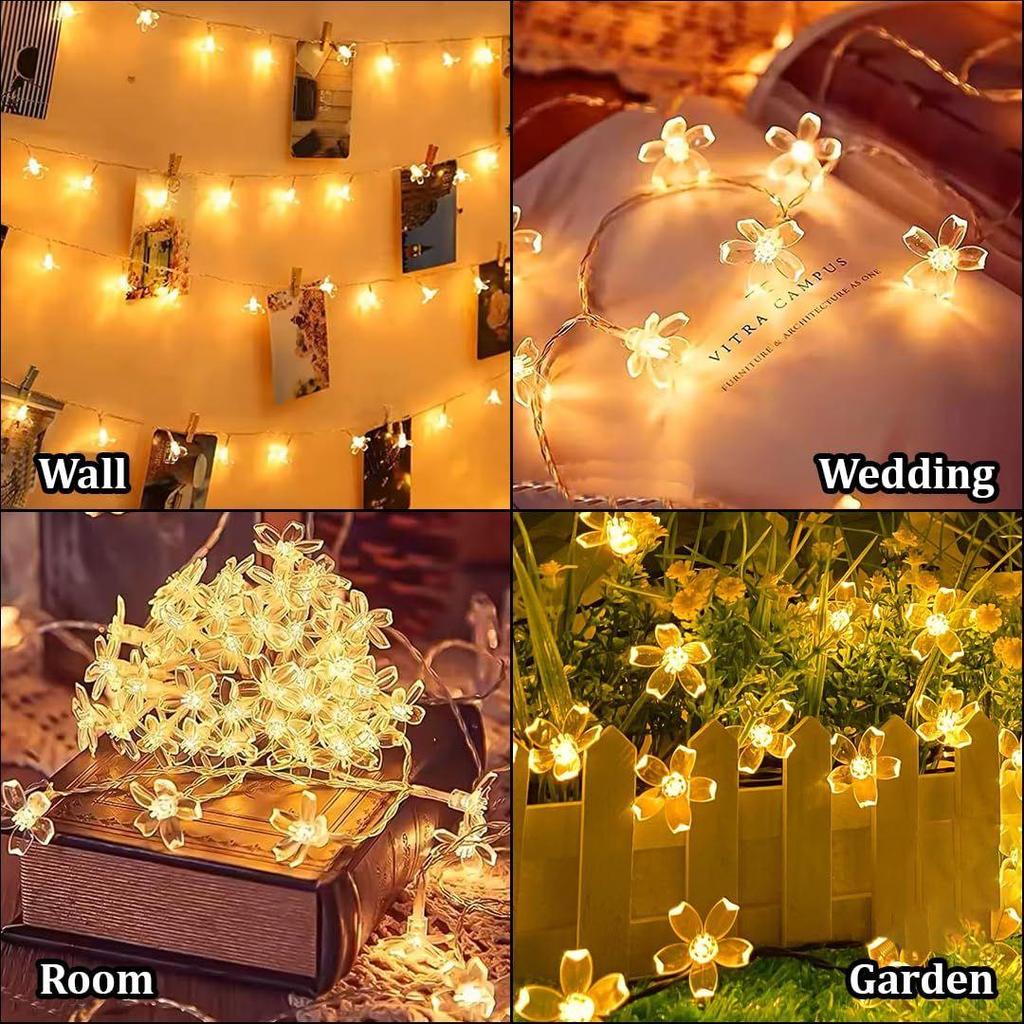 Silikonblumen LED Lichterkette – 60 LED, 12 Meter Warmweiß Kupferdraht Lichterkette für Fenster, Wand, Garten, Diwali, Weihnachten