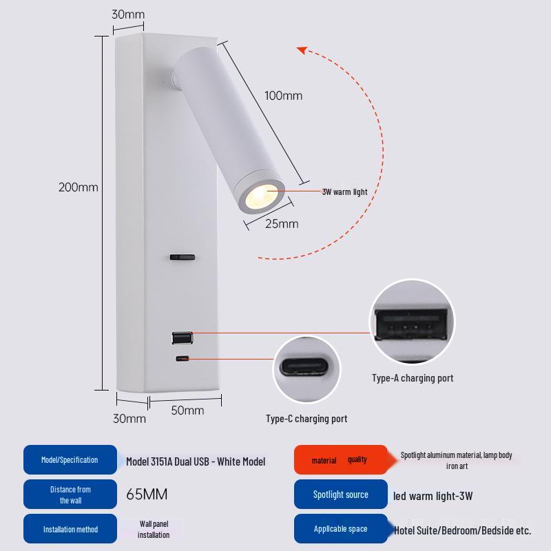 Rotatable Type-C USB Wall Lamp with Switch for Bedroom, Study, or Hotel