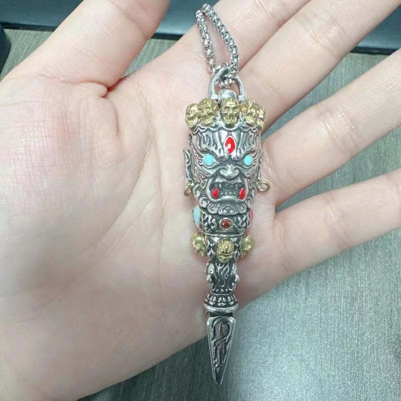 Vintage Copper Plated Fudo Myoo Vajra Pendant Necklace Men Ethnic Retro Style Bold Statement Jewelry